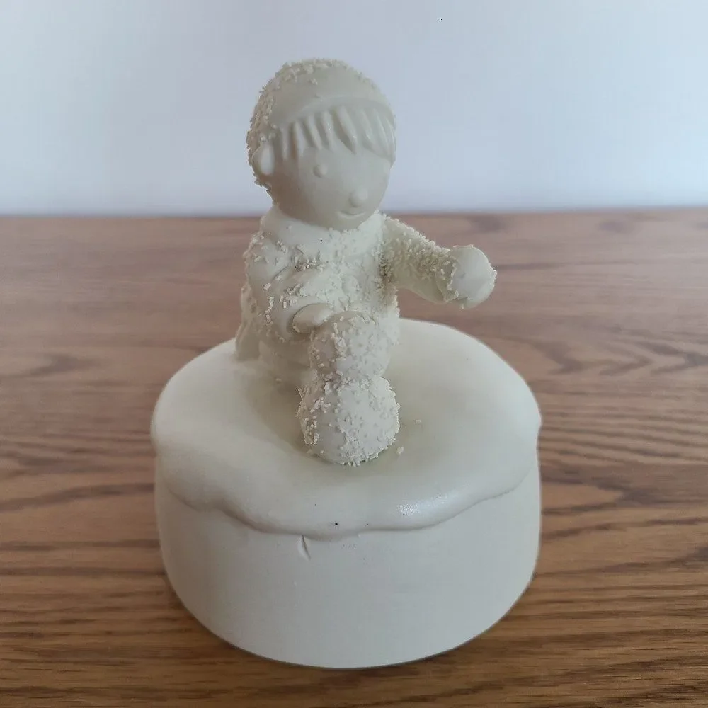 Porcelain Bisque Holiday Christmas Music Box Boy Building Snowman 